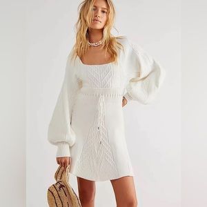 Free People Emmaline white cable knit puff sleeve cutout back mini dress XS NWT